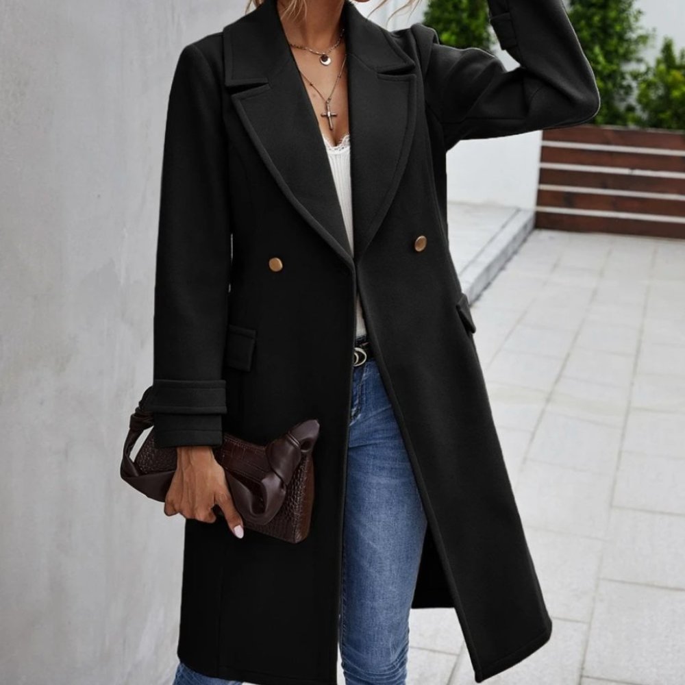 black winter peacoat trench long jacket minimalist